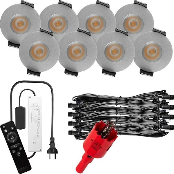 S-Polylight PREMIUM Mini faretti da incasso a LED bianco freddo 6.000K, DIMMABILE, IP65, FUNK 3W Faretti da incasso a LED per coperture di patio, illuminazione di patio, bagno, sauna, faretti a LED con telecomando (SILVER, 8x LED-SET)
