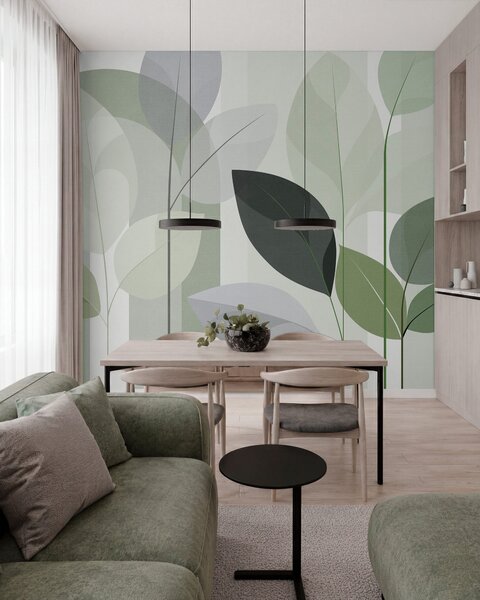 Carta da parati un motivo astratto con foglie in stile intrecciato opaco, in diverse tonalità di verde, Carta da parati Buffer, w05986v1 : Uwalls.it