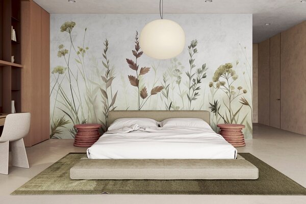 Carta da parati Alte erbe selvatiche e fiori di campo dai tenui toni di verde, estetica minimalista, Carta da parati Buffer, w10084v1 : Uwalls.it