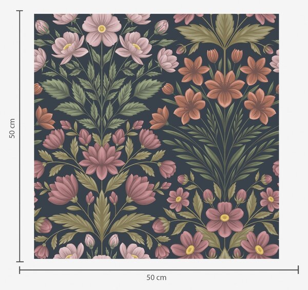 Carta da parati Fiori rosa e color terracotta su uno sfondo blu scuro, Parati unica, a01279 : Uwalls.it