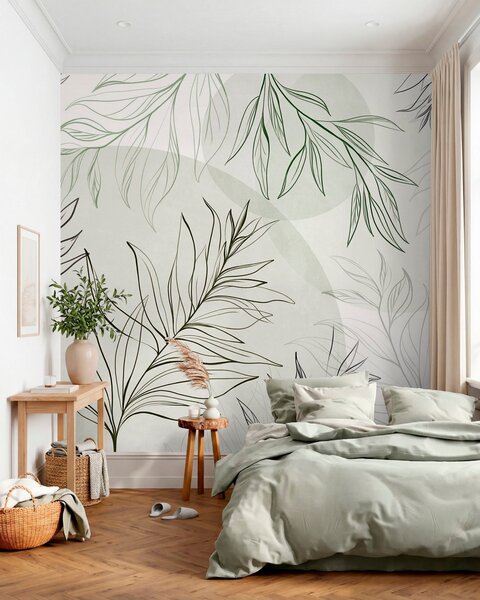 Carta da parati Disegni minimalisti di foglie e fogliame tropicali, forme circolari dai colori pastello, Carta da parati Buffer, w10111v2 : Uwalls.it
