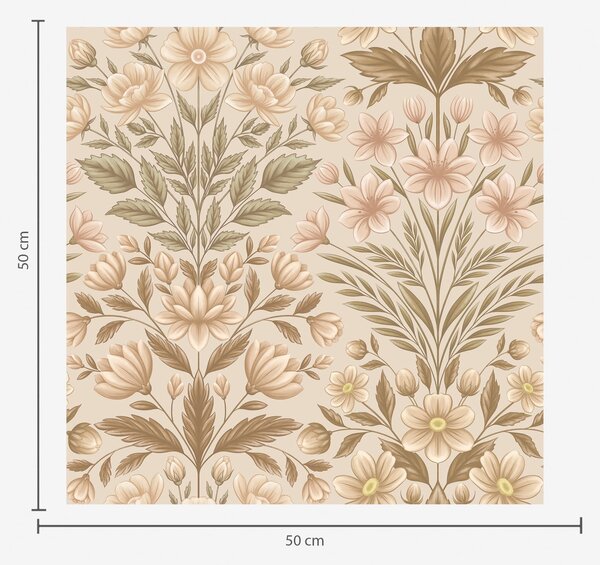 Carta da parati Fiori di pesco e foglie verde oliva su uno sfondo beige, Parati unica, a01279v1 : Uwalls.it
