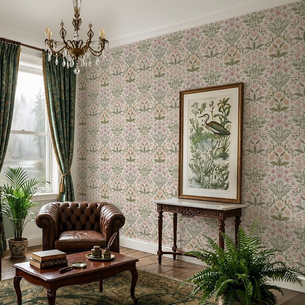 Carta da parati Fiori rosa tenue e foglie verde oliva su uno sfondo chiaro, Parati unica, a01279v2 : Uwalls.it