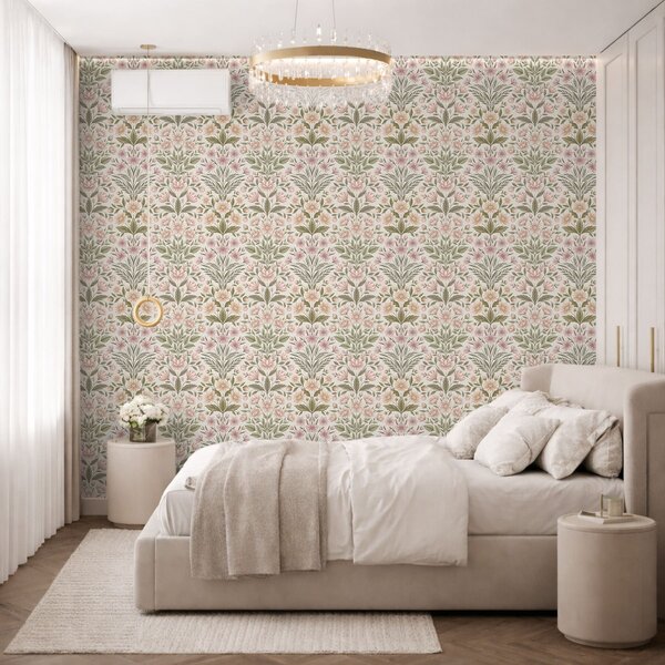 Carta da parati Fiori rosa tenue e foglie verde oliva su uno sfondo chiaro, Parati unica, a01279v2 : Uwalls.it