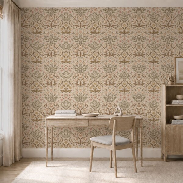 Carta da parati Fiori di pesco e foglie verde oliva su uno sfondo beige, Parati unica, a01279v1 : Uwalls.it