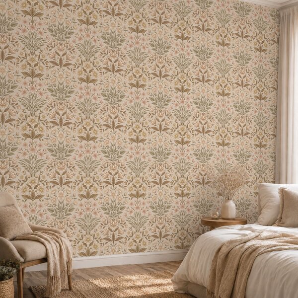 Carta da parati Fiori di pesco e foglie verde oliva su uno sfondo beige, Parati unica, a01279v1 : Uwalls.it