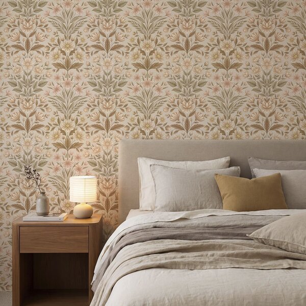 Carta da parati Fiori di pesco e foglie verde oliva su uno sfondo beige, Parati unica, a01279v1 : Uwalls.it