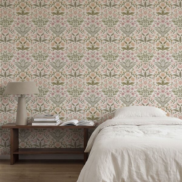 Carta da parati Fiori rosa tenue e foglie verde oliva su uno sfondo chiaro, Parati unica, a01279v2 : Uwalls.it