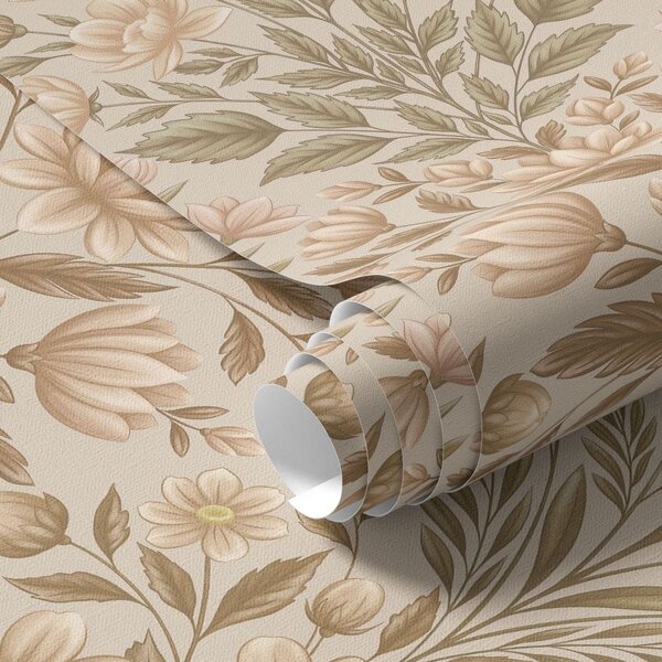 Carta da parati Fiori di pesco e foglie verde oliva su uno sfondo beige, Parati unica, a01279v1 : Uwalls.it