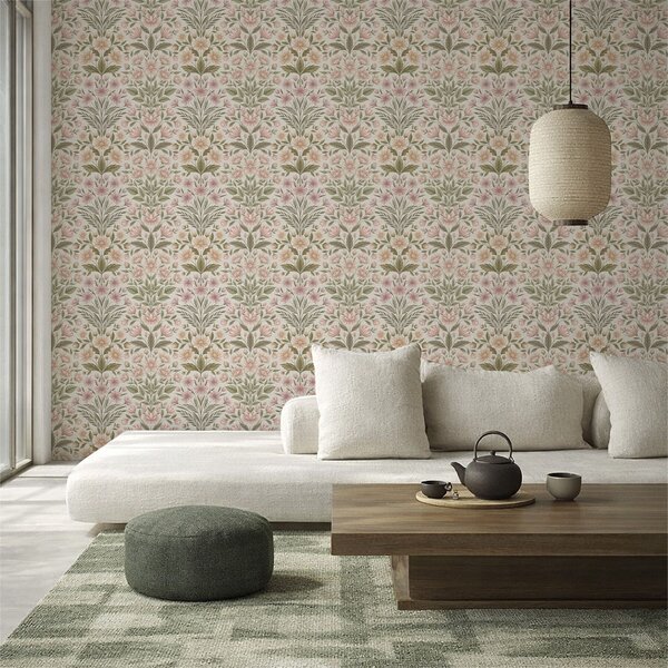 Carta da parati Fiori rosa tenue e foglie verde oliva su uno sfondo chiaro, Parati unica, a01279v2 : Uwalls.it