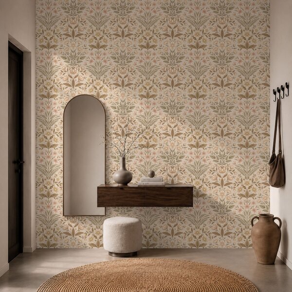 Carta da parati Fiori di pesco e foglie verde oliva su uno sfondo beige, Parati unica, a01279v1 : Uwalls.it