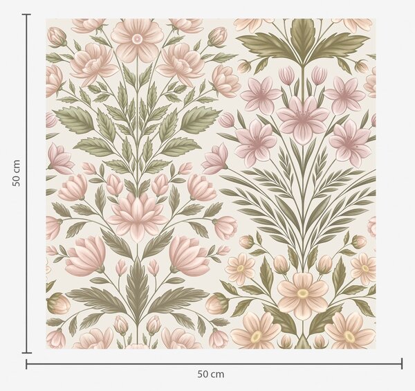 Carta da parati Fiori rosa tenue e foglie verde oliva su uno sfondo chiaro, Parati unica, a01279v2 : Uwalls.it