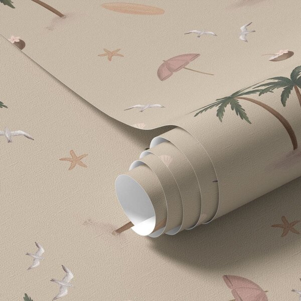 Carta da parati Palme tropicali, uccelli e ombrelli rosa su uno sfondo beige, Parati unica, a01280v2 : Uwalls.it