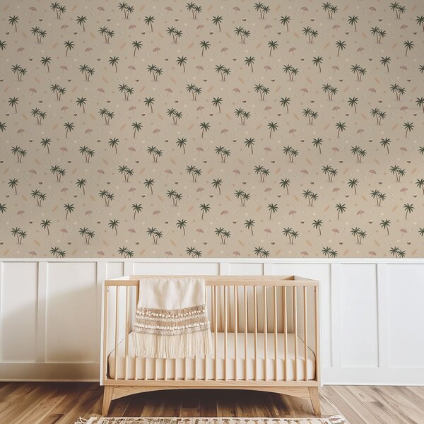 Carta da parati Palme tropicali, uccelli e ombrelli rosa su uno sfondo beige, Parati unica, a01280v2 : Uwalls.it