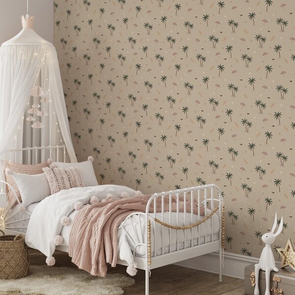 Carta da parati Palme tropicali, uccelli e ombrelli rosa su uno sfondo beige, Parati unica, a01280v2 : Uwalls.it