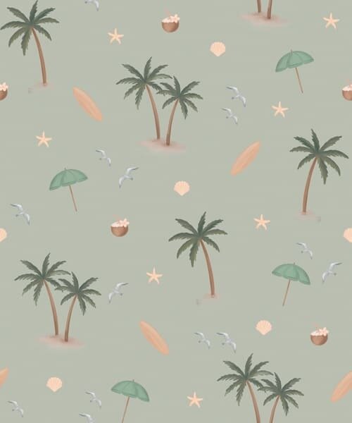 Carta da parati Palme tropicali, uccelli e conchiglie su uno sfondo verde salvia, Parati unica, a01280v1 : Uwalls.it