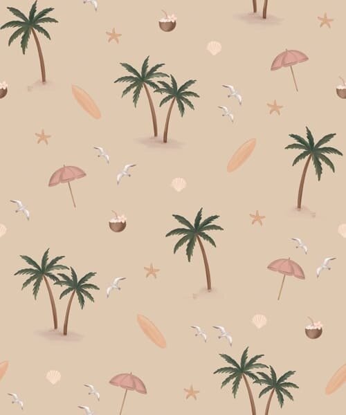 Carta da parati Palme tropicali, uccelli e ombrelli rosa su uno sfondo beige, Parati unica, a01280v2 : Uwalls.it