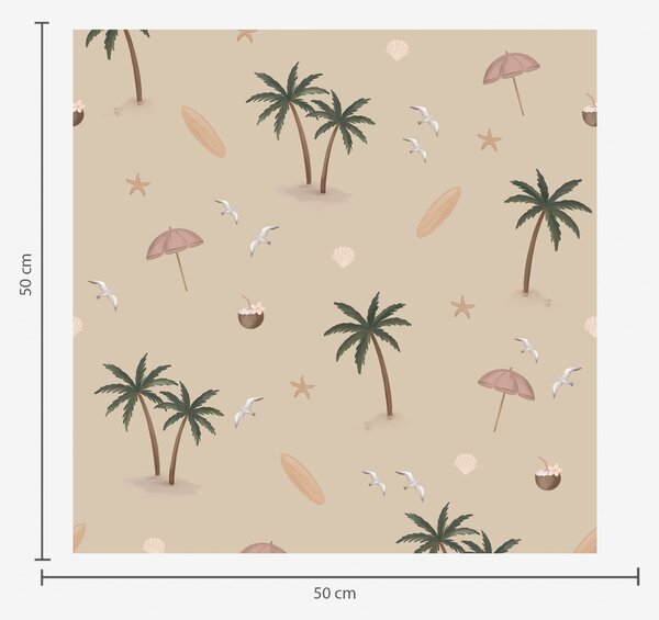 Carta da parati Palme tropicali, uccelli e ombrelli rosa su uno sfondo beige, Parati unica, a01280v2 : Uwalls.it