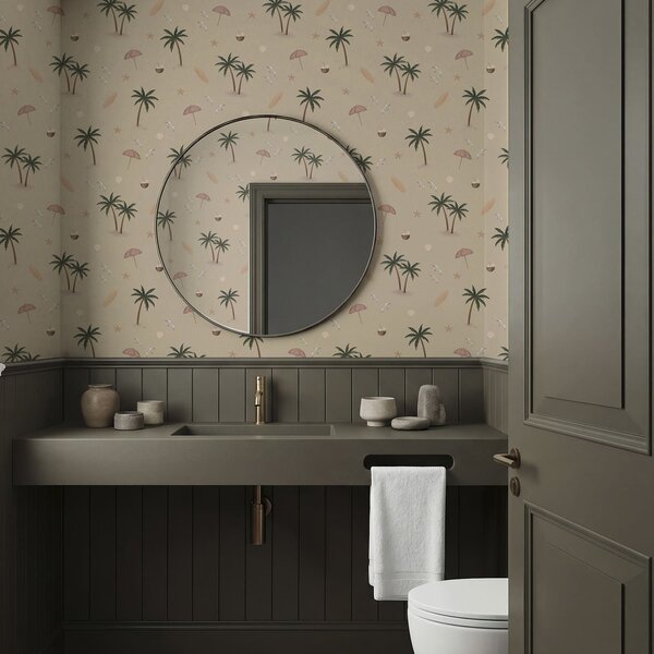 Carta da parati Palme tropicali, uccelli e ombrelli rosa su uno sfondo beige, Parati unica, a01280v2 : Uwalls.it