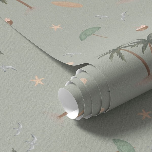 Carta da parati Palme tropicali, uccelli e conchiglie su uno sfondo verde salvia, Parati unica, a01280v1 : Uwalls.it