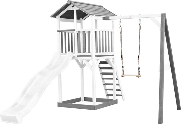 AXI Beach Tower parco giochi in legno in grigio e bianco | Torre da parco giochi con sabbiera, altalena e scivolo bianco | Casa per bambini su palafitte per il giardino