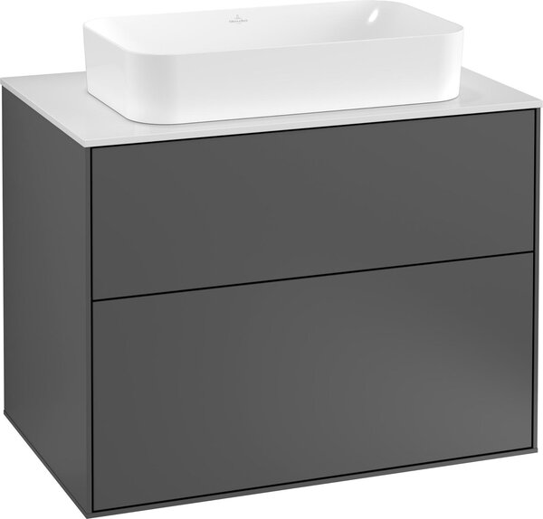 Villeroy & Boch Finion meuble sous lavabo, 2 tiroirs, lavabo au centre, avec trou pour robinetterie, 800x603x501mm, Glass Black Matt, F22200HG, F22200HG