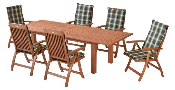 Set di mobili da giardino Merxx Comodoro 13 pezzi, 6 poltrone pieghevoli, 6 cuscini, tavolo allungabile doppio 180 (220/260) x 100 cm - eucalipto