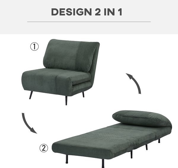 HOMCOM Poltrona Letto 2 in 1 Singola, Schienale Regolabile su 3 Livelli e Imbottito, Struttura in Legno e Acciaio|Aosom