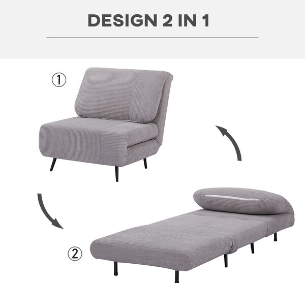 HOMCOM Poltrona Letto Singola 2 in 1 con Schienale Regolabile su 3 Livelli, in Legno e Acciaio, Grigio Chiaro | Aosom Italy