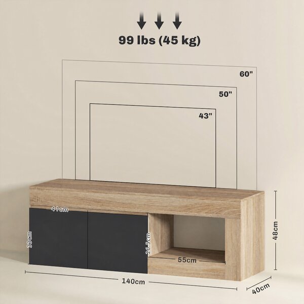 HOMCOM Mobile TV Moderno 60" max con Armadietto 2 Ante e Ripiano Aperto, 140x40x48 cm, Nero e color Legno | Aosom Italy