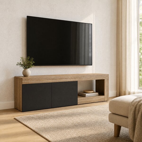HOMCOM Mobile TV Moderno 60" max con Armadietto 2 Ante e Ripiano Aperto, 140x40x48 cm, Nero e color Legno | Aosom Italy