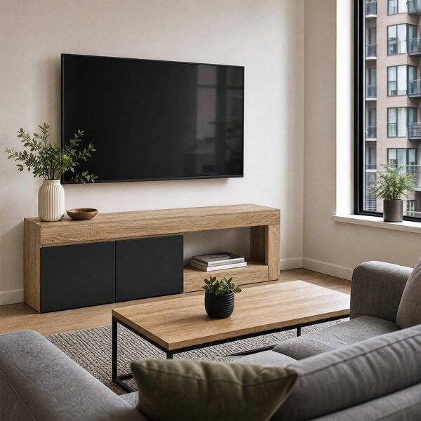 HOMCOM Mobile TV Moderno 60" max con Armadietto 2 Ante e Ripiano Aperto, 140x40x48 cm, Nero e color Legno | Aosom Italy