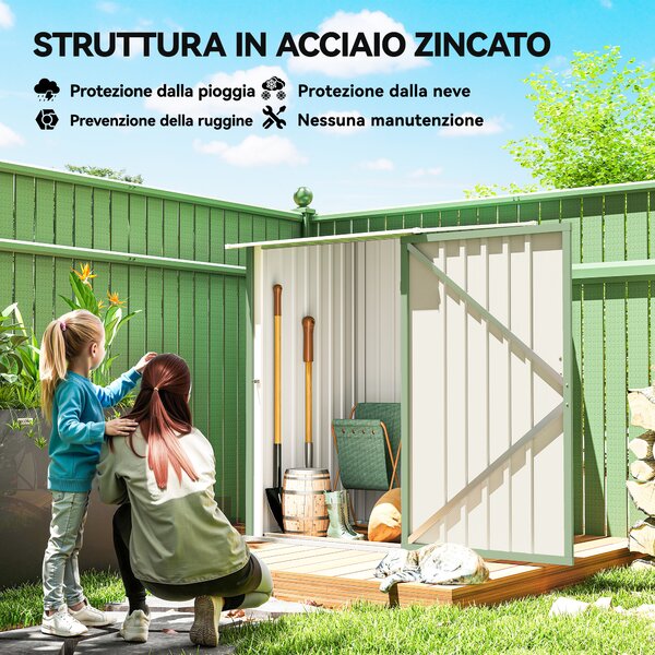 Outsunny Casetta da Giardino con Porta e tetto inclinato, Capanno Porta Attrezzi in Acciaio, 100x104x160 cm, Verde Chiaro | Aosom Italy