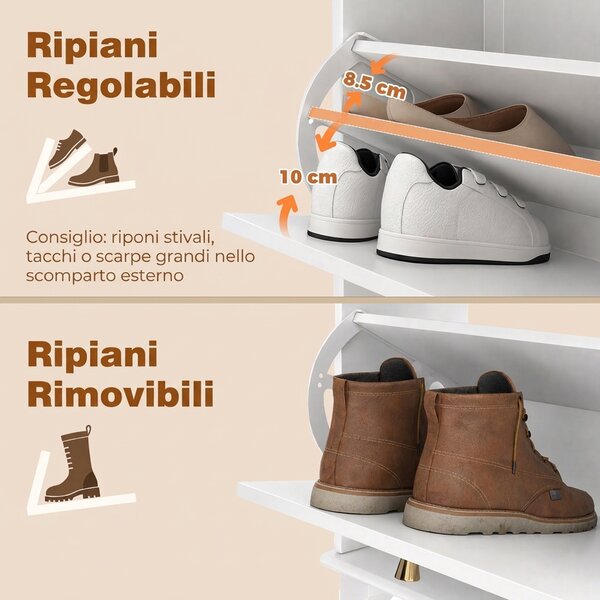 HOMCOM Scarpiera Salvaspazio Slim con 2 Ante a Ribalta, Ripiani Regolabili e Cassetto, Bianco | Aosom Italy