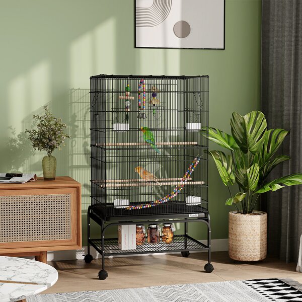 PawHut Gabbia per Uccelli con Area Gioco, Ruote, Vassoio Estraibile e Mensola, 64x45x110 cm, Nero | Aosom Italy