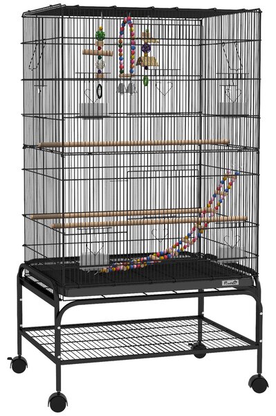 PawHut Gabbia per Uccelli con Area Gioco, Ruote, Vassoio Estraibile e Mensola, 64x45x110 cm, Nero | Aosom Italy