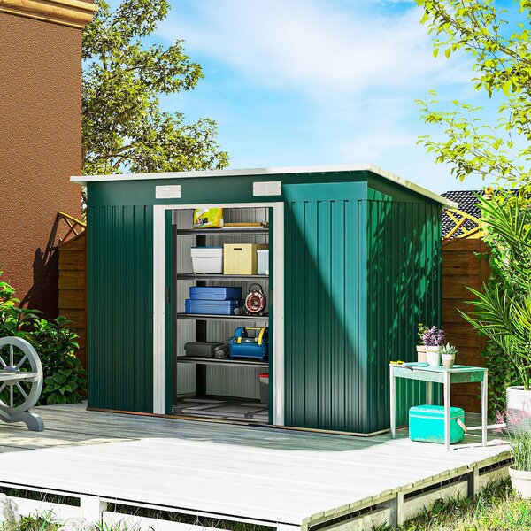 Outsunny Casetta da Giardino con Porte Scorrevoli Doppie e 2 Prese d'Aria, Capanno Attrezzi in Acciaio 272 x 134 cm, Verde | Aosom Italy