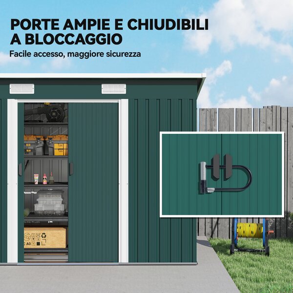 Outsunny Casetta da Giardino con Porte Scorrevoli Doppie e 2 Prese d'Aria, Capanno Attrezzi in Acciaio 272 x 134 cm, Verde | Aosom Italy