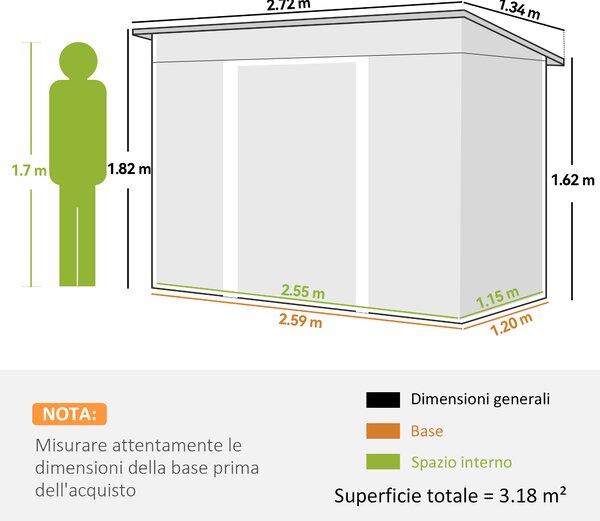 Outsunny Casetta da Giardino con Porte Scorrevoli Doppie e 2 Prese d'Aria, Capanno Attrezzi in Acciaio 272 x 134 cm, Verde | Aosom Italy