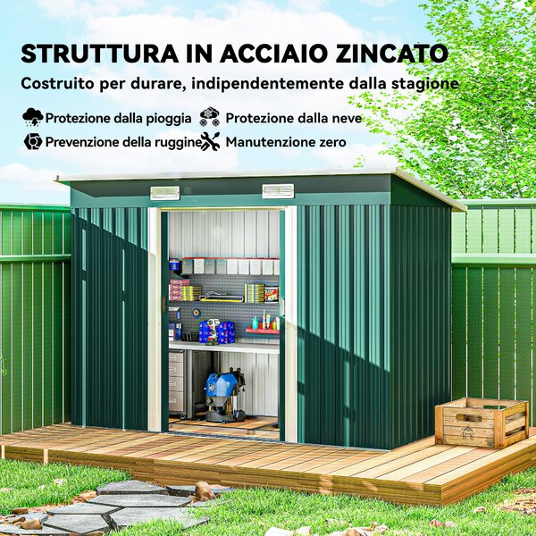 Outsunny Casetta da Giardino con Porte Scorrevoli Doppie e 2 Prese d'Aria, Capanno Attrezzi in Acciaio 272 x 134 cm, Verde | Aosom Italy