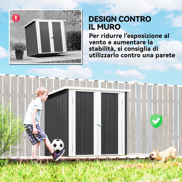 Outsunny Casetta da Giardino con Doppia Porta, Capanno Porta Attrezzi in Lamiera di Acciaio, 147x86x134cm, Nero e Bianco | Aosom Italy