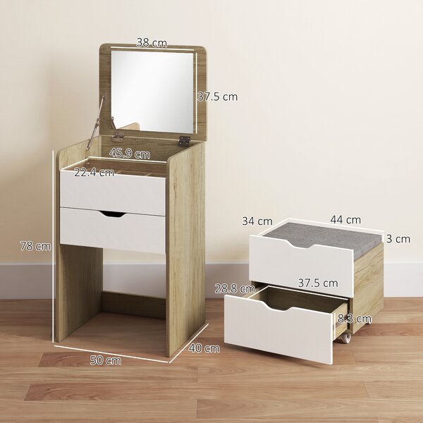 HOMCOM Toeletta 3 in 1 con Specchio Ribaltabile, Sgabello e Cassetti, Rovere e Bianco | Aosom Italy