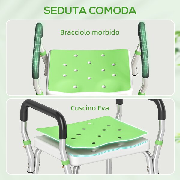 HOMCOM Sgabello Doccia in Alluminio ad Altezza Regolabile con Braccioli e Piedini Antiscivolo, Verde | Aosom Italy