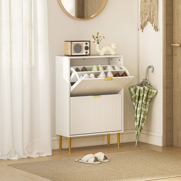 Scarpiera Slim con 2 Cassetti Ribaltabili per 12 Paia di Scarpe 60x24x91,5 cm Design Moderno in MDF Bianco
