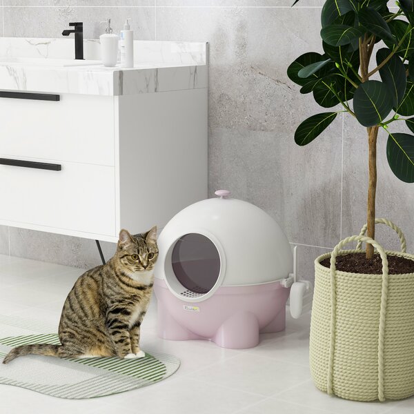 PawHut Lettiera per Gatti 4kg Max con Coperchio e Paletta Inclusa, 53x51x48 cm, Bianca e Rosa | Aosom Italy