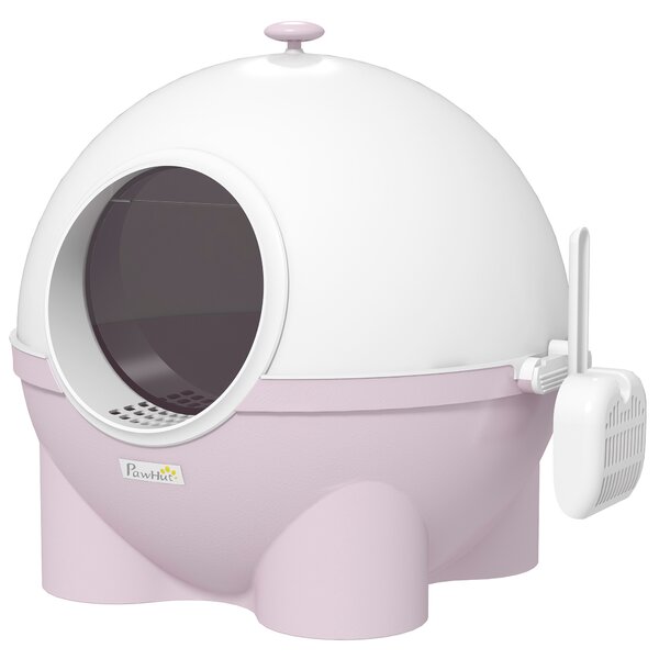 PawHut Lettiera per Gatti 4kg Max con Coperchio e Paletta Inclusa, 53x51x48 cm, Bianca e Rosa | Aosom Italy