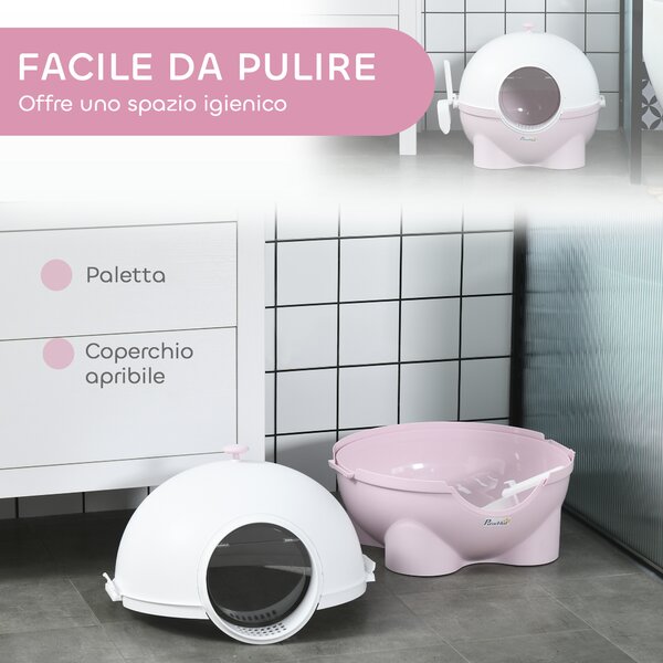 PawHut Lettiera per Gatti 4kg Max con Coperchio e Paletta Inclusa, 53x51x48 cm, Bianca e Rosa | Aosom Italy