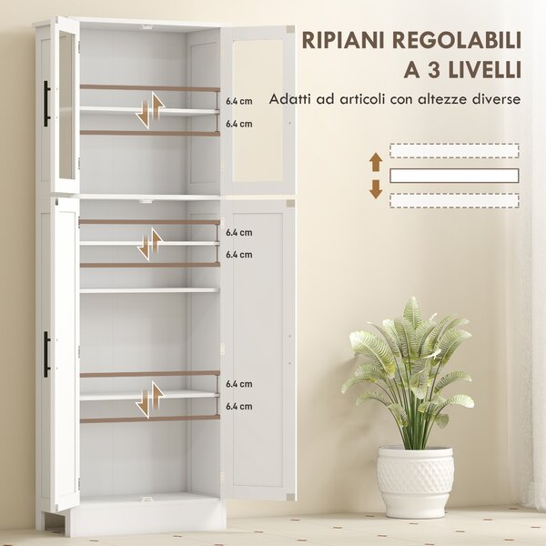 HOMCOM Mobile Bagno Alto con Ripiani Regolabili, Ante in Vetro e Legno, 60x30x170 cm, Bianco | Aosom Italy