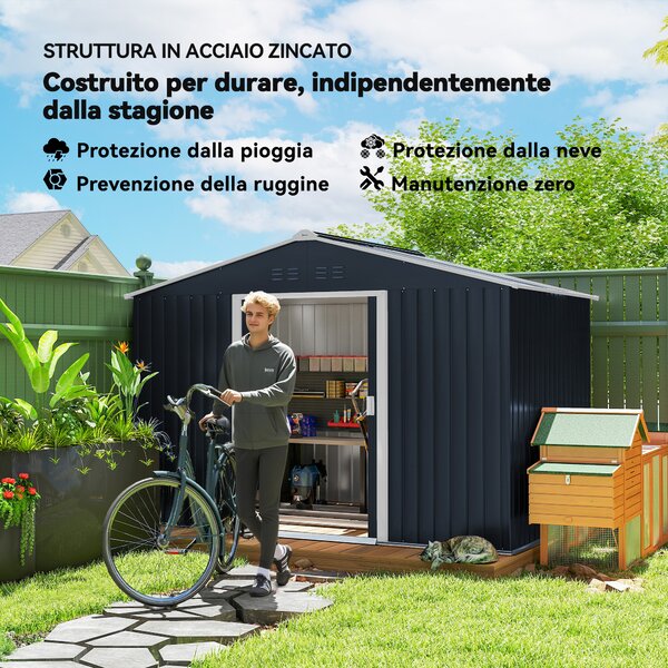 Outsunny Casetta Porta Attrezzi in Acciaio con Tetto Inclinato e 2 Porte Scorrevoli, 277x195x192 cm, Grigio Scuro | Aosom Italy