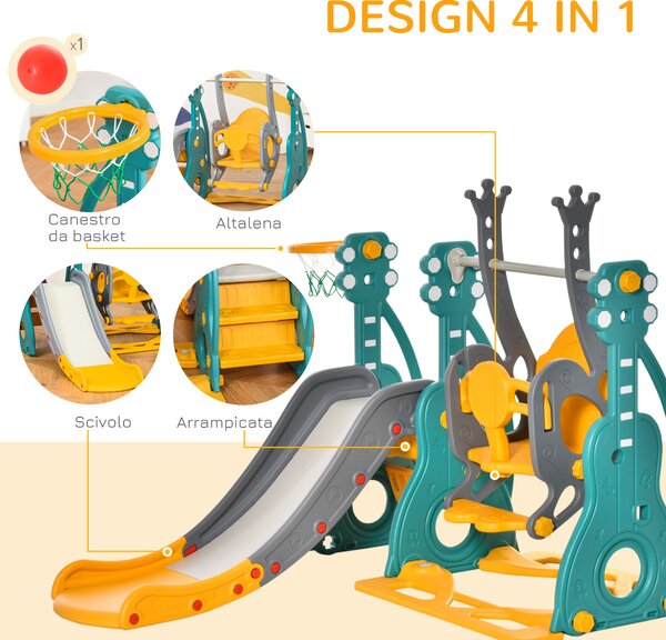 HOMCOM Scivolo per Bambini 18 Mesi-3 Anni con Altalena Regolabile e Canestro in HDPE Multicolore 152x149x107cm|Aosom